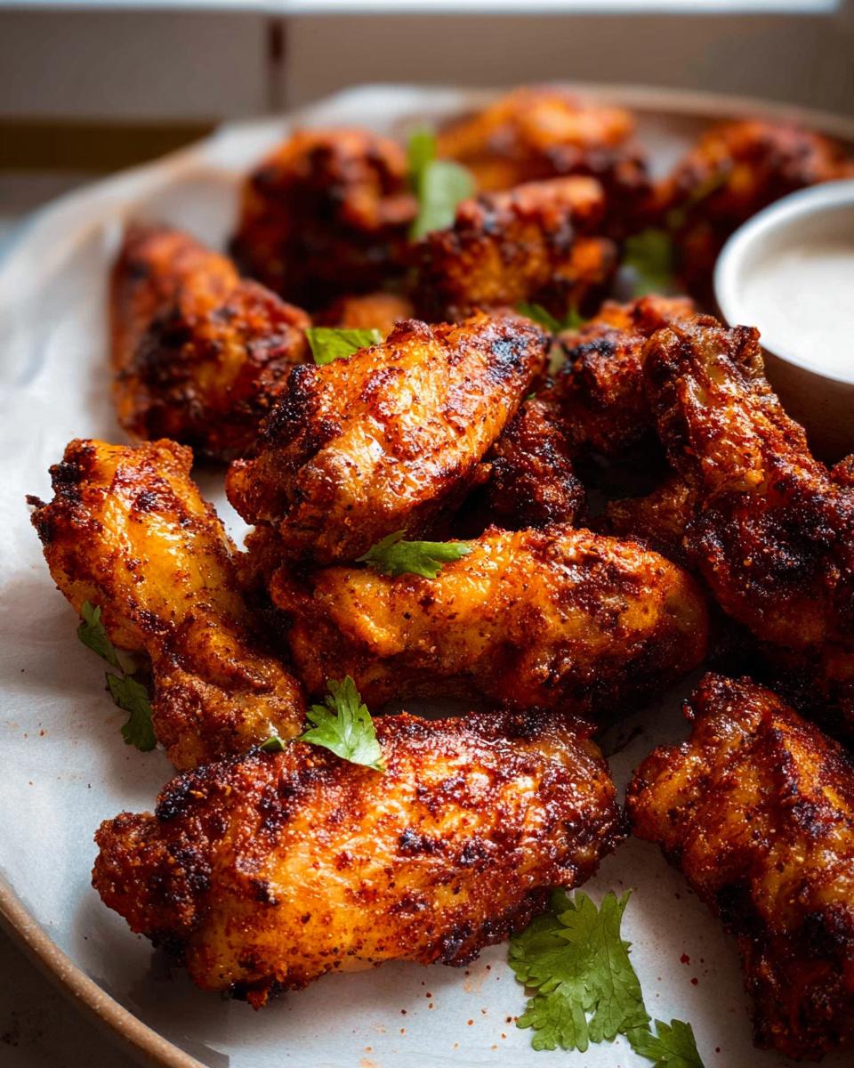 Close-up of perfectly baked chicken wings, seasoned and garnished with fresh parsley, ready to be served.