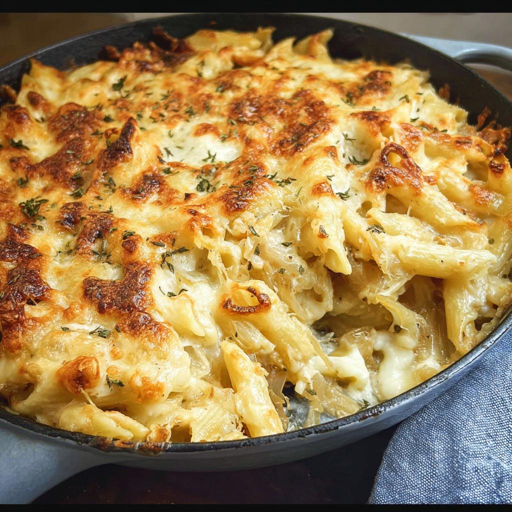 Close-up of a baked pasta dish with penne noodles, melted cheese, and herbs, perfect for pasta recipes.
