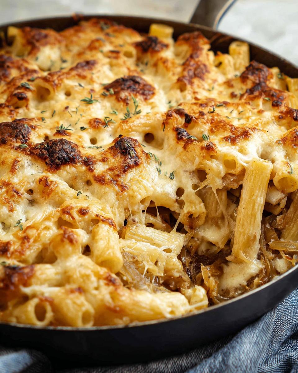 Close-up of a baked pasta recipe in a skillet, featuring rigatoni noodles with gooey melted cheese and herbs.