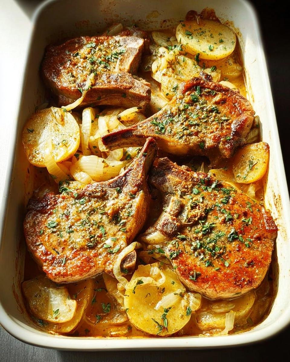 Close-up of baked pork chops with sliced potatoes and onions in a casserole dish, garnished with herbs.