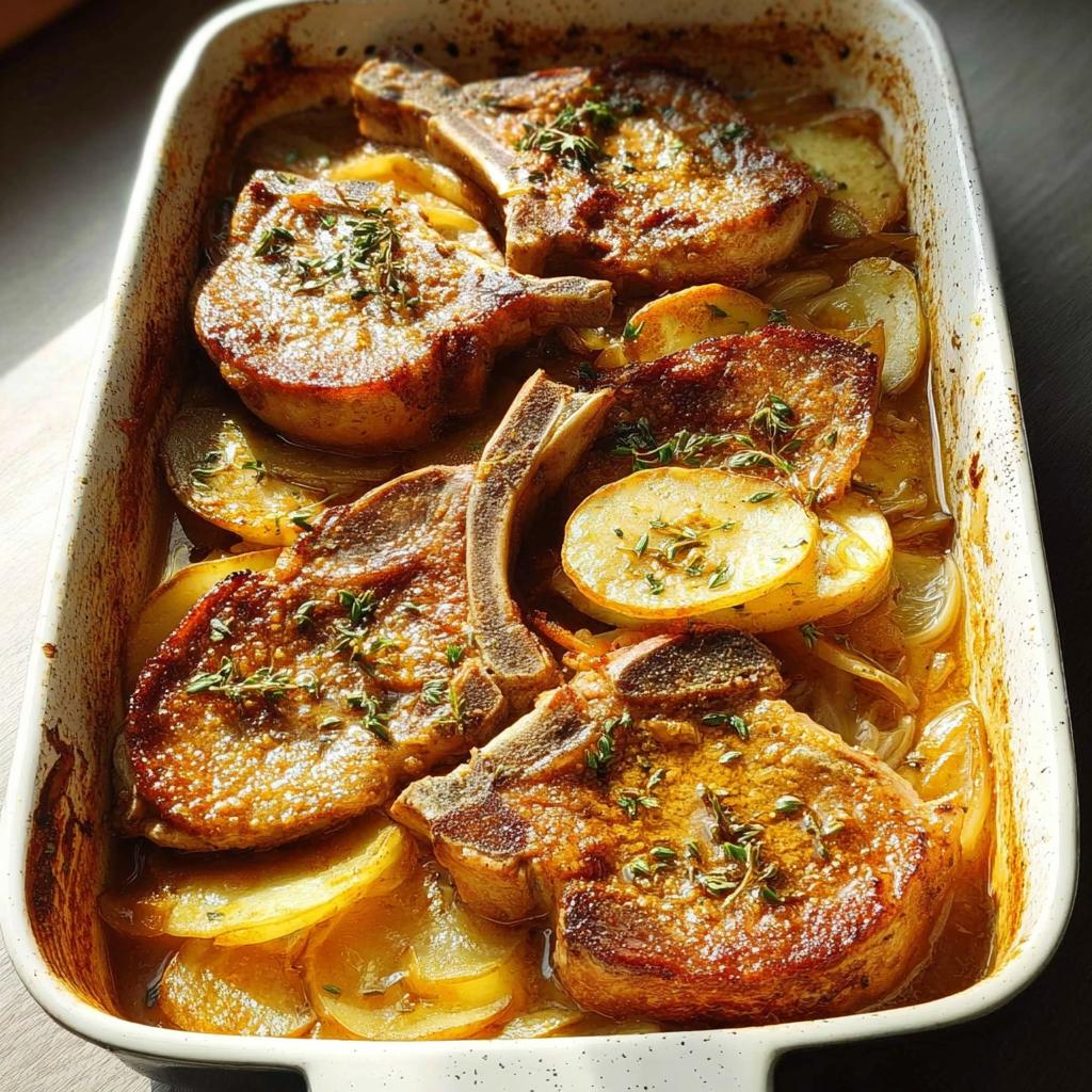 Close-up of baked pork chops nestled on a bed of thinly sliced potatoes in a white baking dish, garnished with thyme.