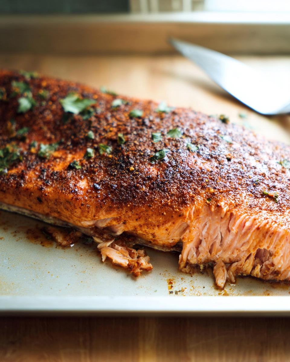 A close-up of a whole baked salmon fillet, seasoned and garnished with herbs, ready to be served.