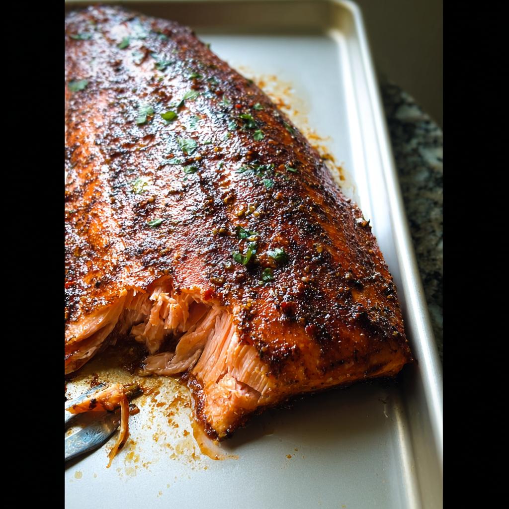 A close-up of a whole baked salmon fillet with a crispy, seasoned crust, ready to be served.