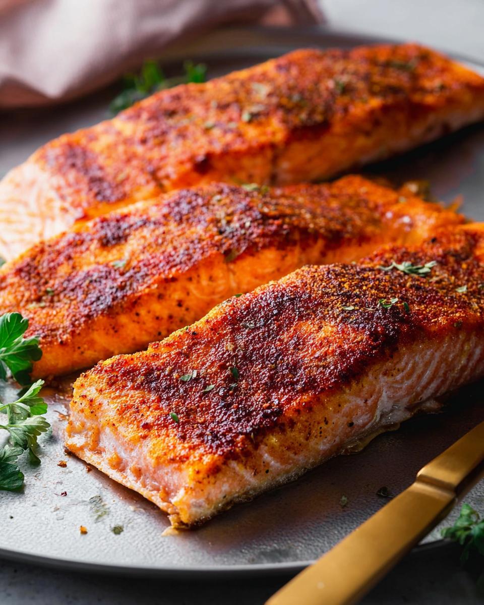 Three seasoned and baked salmon fillets arranged on a plate, ready for a delicious salmon recipe.