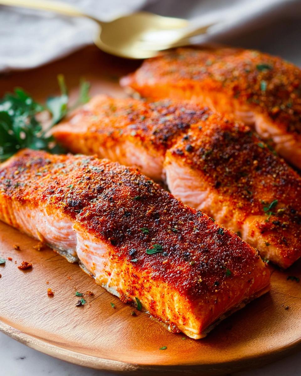 Close-up of three perfectly baked salmon fillets seasoned with a reddish spice blend and fresh parsley.