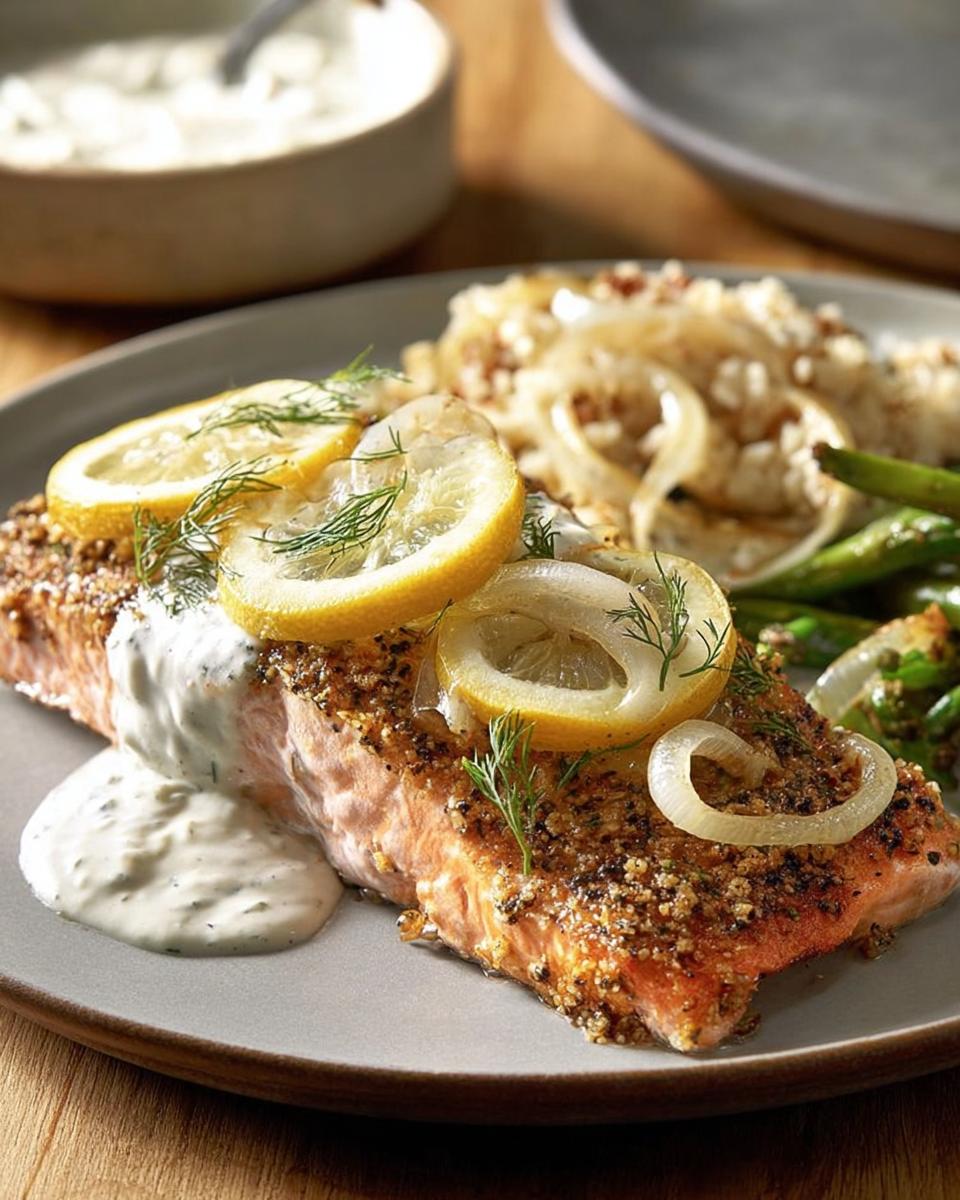 A perfectly baked salmon fillet topped with lemon slices and fresh dill, served with a creamy sauce and side of vegetables.