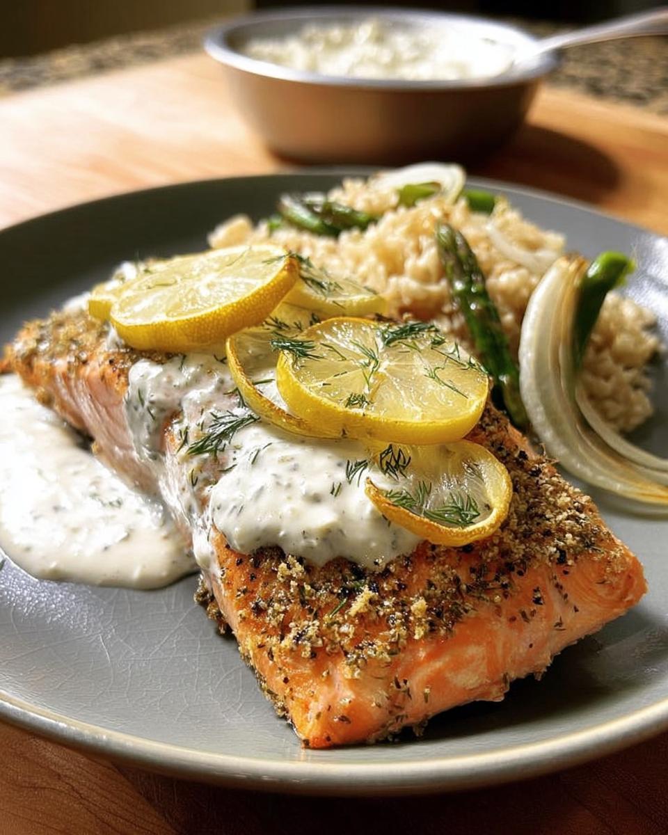 A beautifully baked salmon fillet topped with creamy sauce, fresh dill, and lemon slices, served with rice and asparagus.