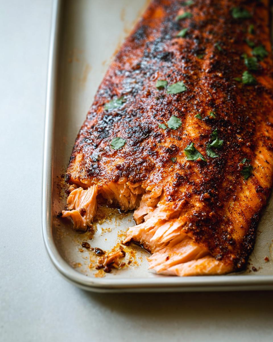 A whole baked salmon fillet with a seasoned crust, flaking apart on a baking sheet.