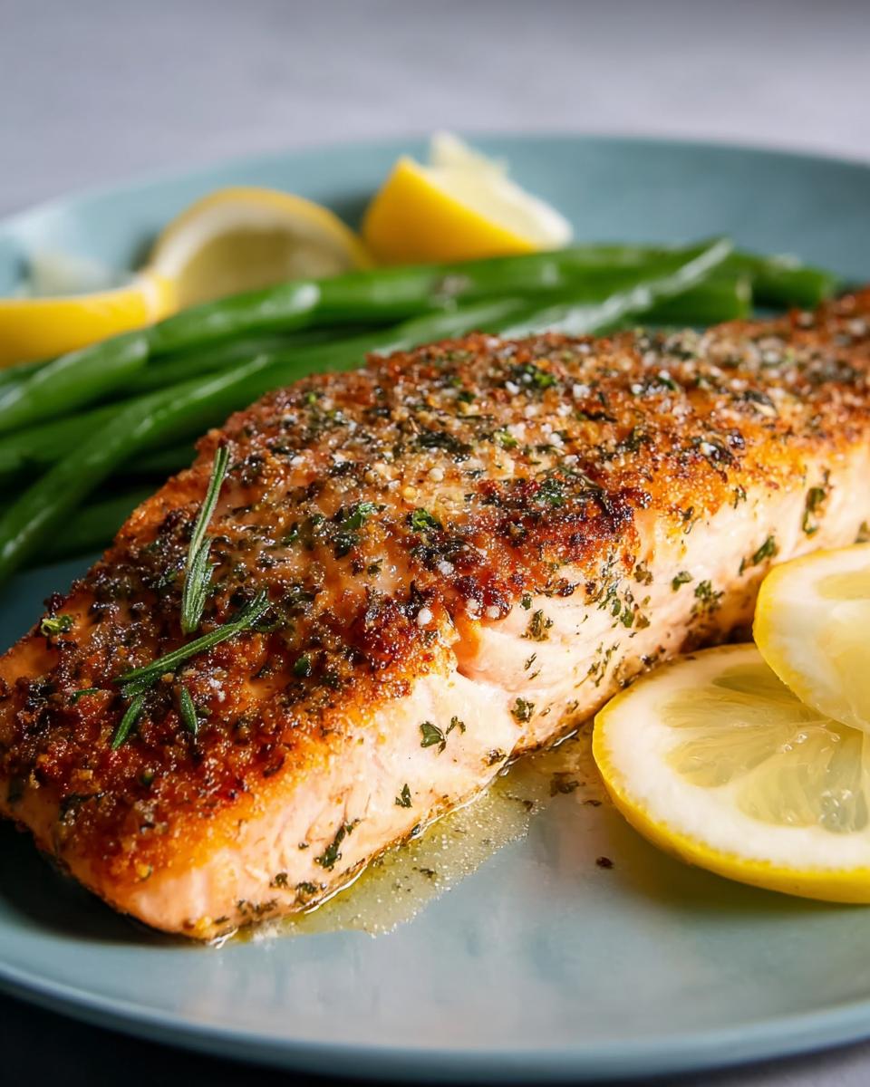A perfectly baked salmon fillet seasoned with herbs and served with lemon slices and green beans.