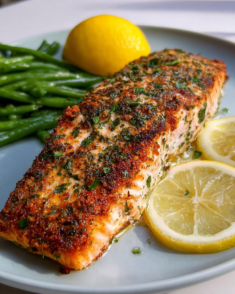 A perfectly baked salmon fillet seasoned with herbs and lemon, served with green beans and lemon slices.