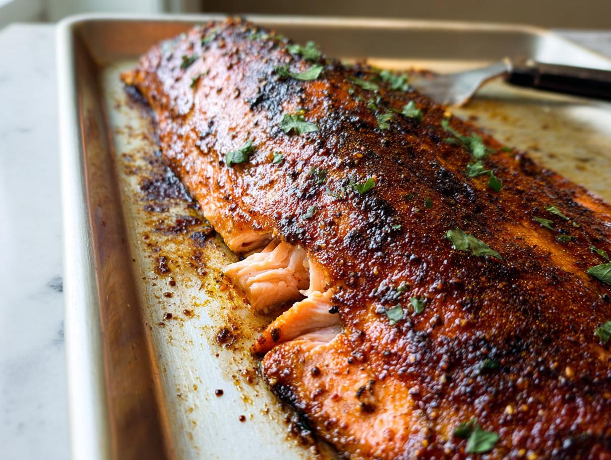 Close-up of a whole baked salmon fillet seasoned with spices and herbs on a baking sheet.