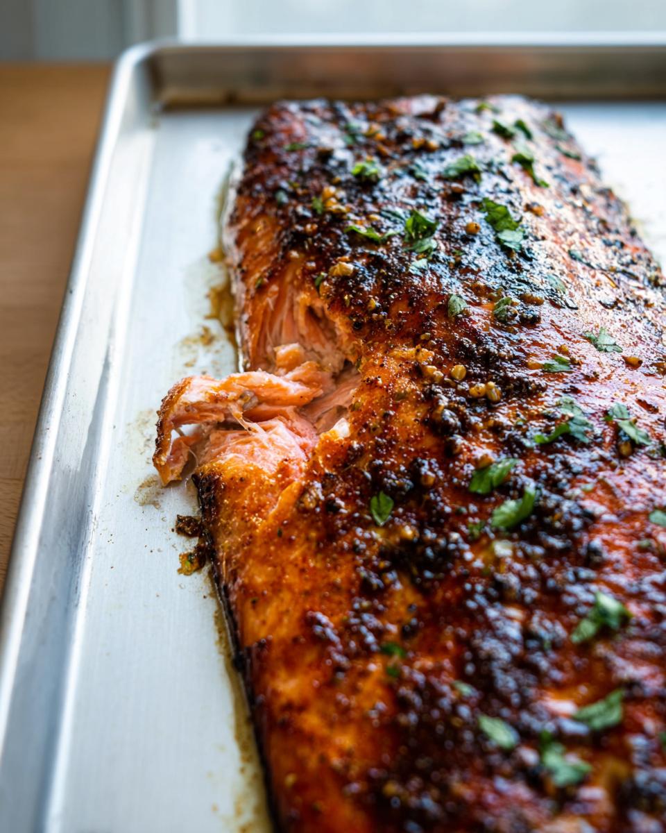 A close-up of a whole baked salmon fillet with a dark, glazed crust and fresh parsley, ready to be served.