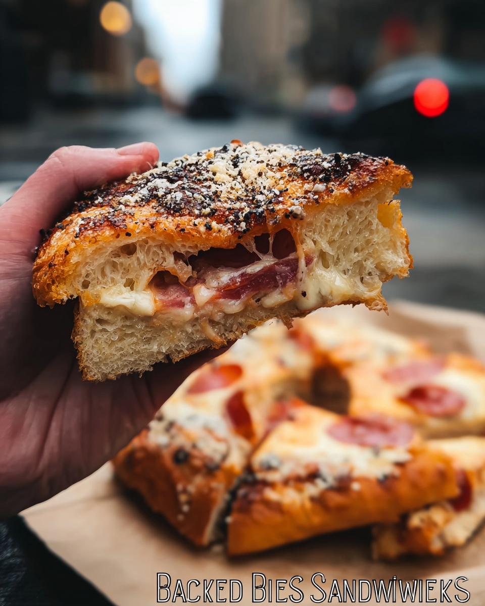 A hand holds a cross-section of a baked sandwich filled with melted cheese and meat, showcasing delicious sandwich ideas.