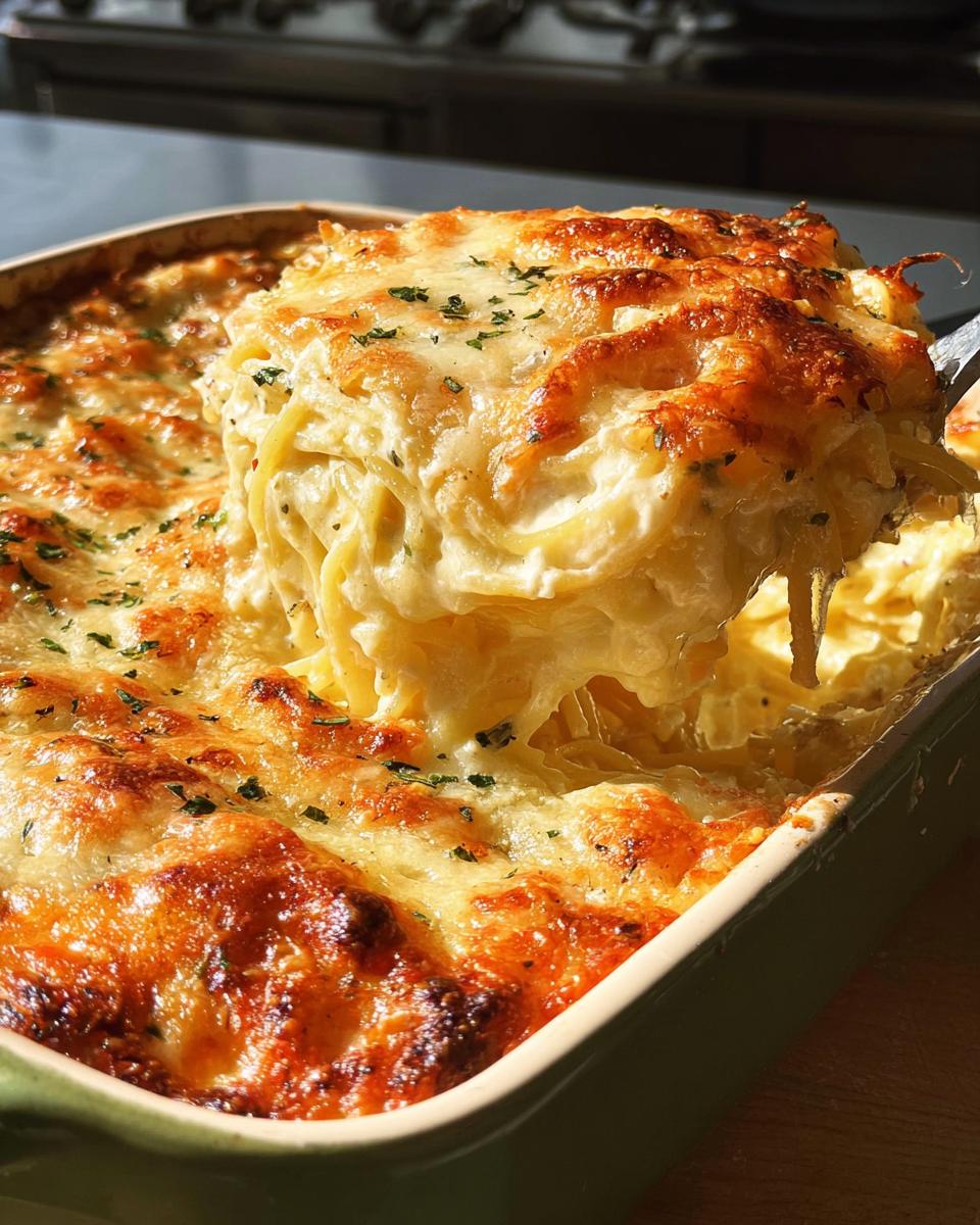 A serving spoon lifts a cheesy portion of baked spaghetti casserole from a baking dish, showcasing melted cheese and pasta.