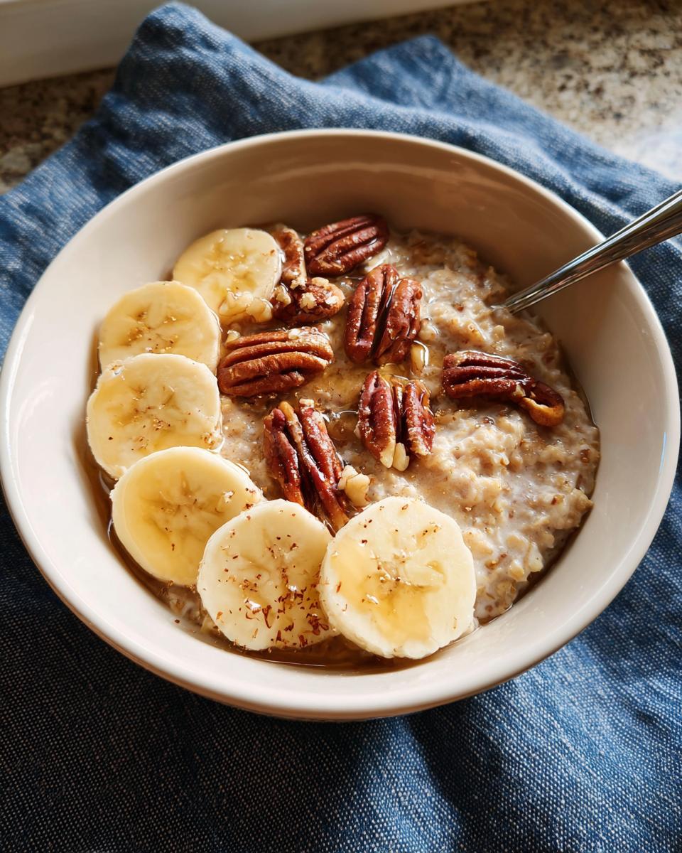 A bowl of oatmeal topped with banana slices, pecans, and drizzled with honey, a perfect breakfast idea for busy nights.