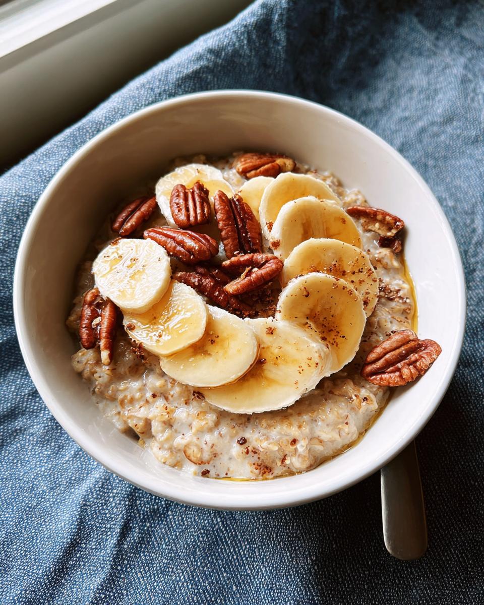 A bowl of oatmeal topped with sliced bananas, pecans, and a drizzle of honey, perfect for breakfast ideas for busy nights.