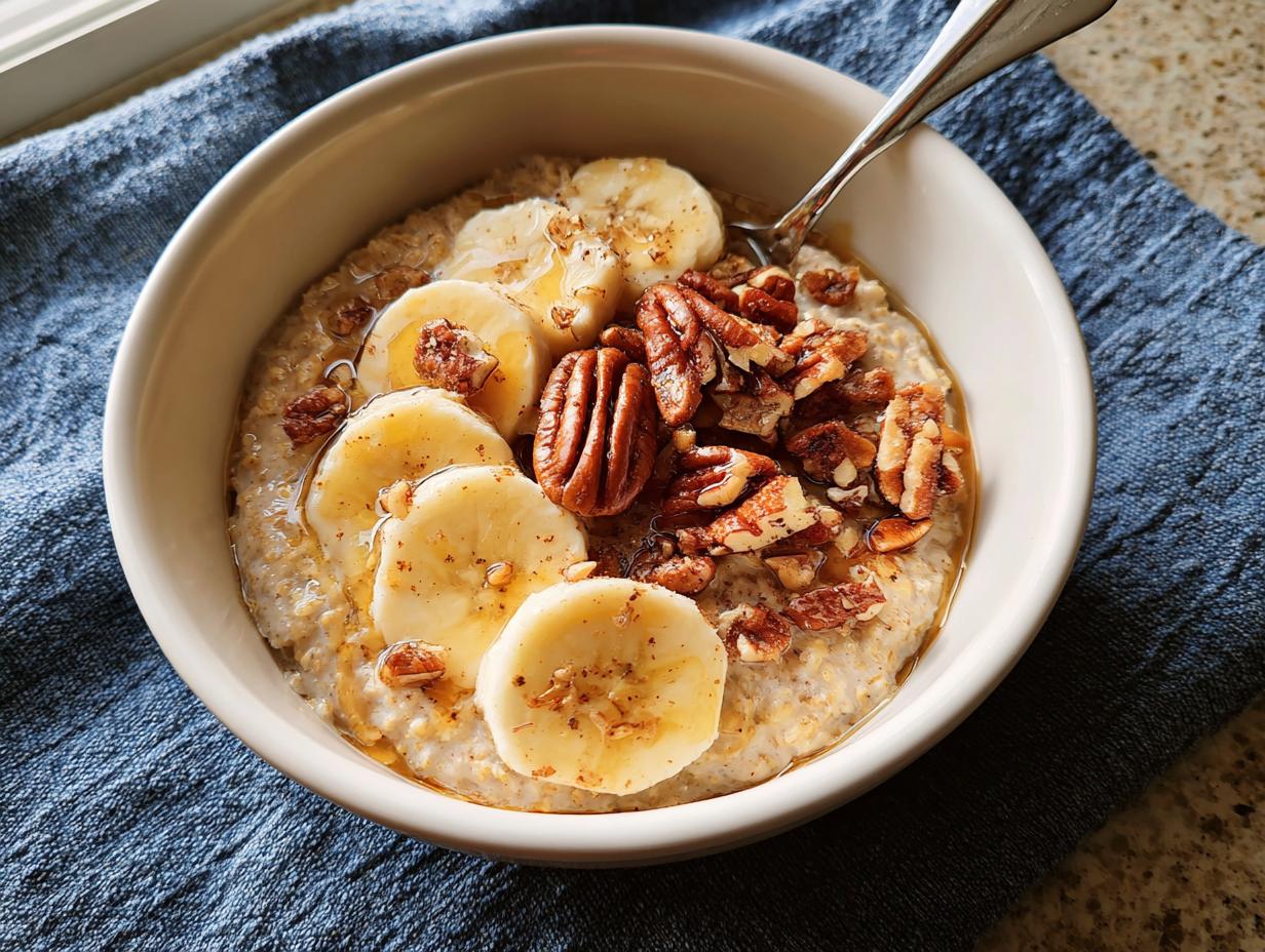 A bowl of oatmeal topped with banana slices, pecans, and drizzled with honey, perfect for breakfast ideas for busy weeknights.