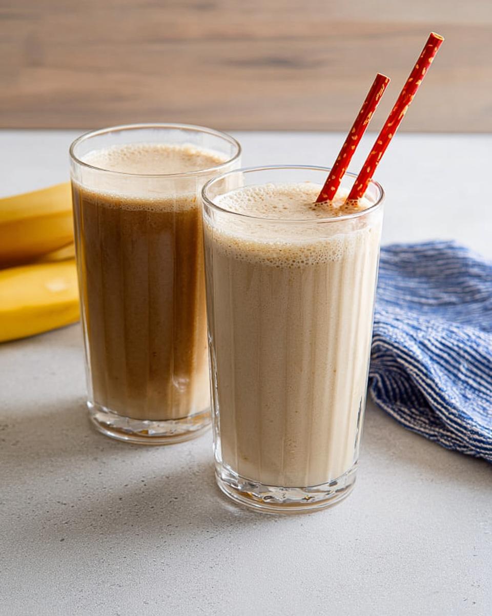 Two glasses of banana smoothie, one darker than the other, with red straws in the lighter one. Part of the Ultimate Breakfast Ideas Recipes Guide for Beginners.