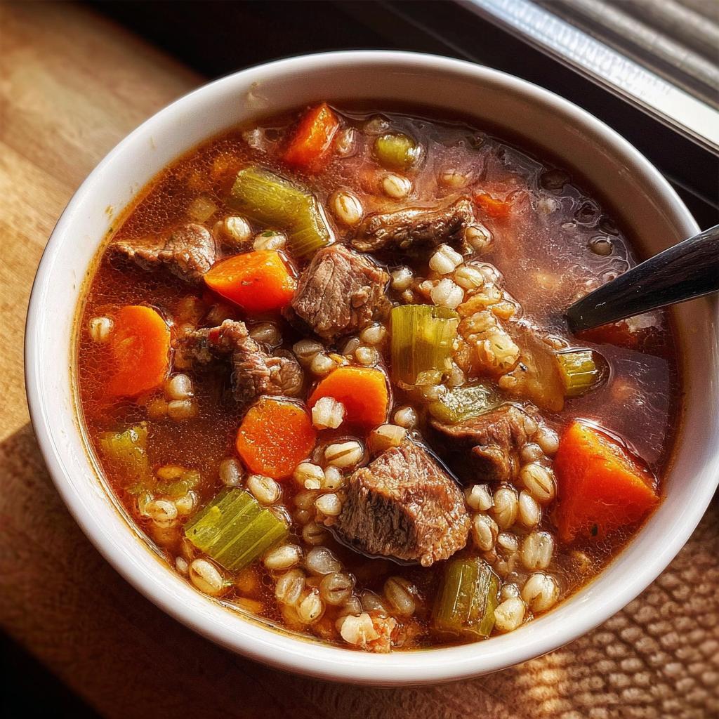 A close-up shot of a bowl of hearty beef barley soup, packed with tender beef, carrots, celery, and barley.