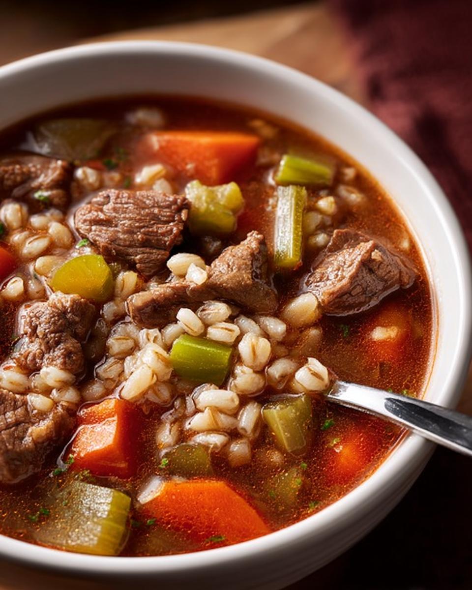 Close-up of a bowl of beef barley soup, featuring tender beef chunks, barley, carrots, and celery in a rich broth.