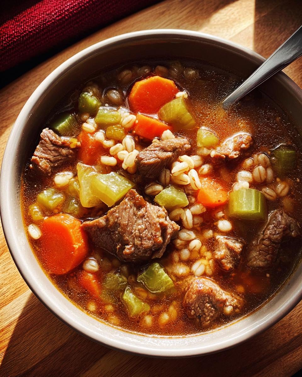 Close-up of a bowl of hearty beef barley soup, featuring tender beef chunks, carrots, celery, and barley.