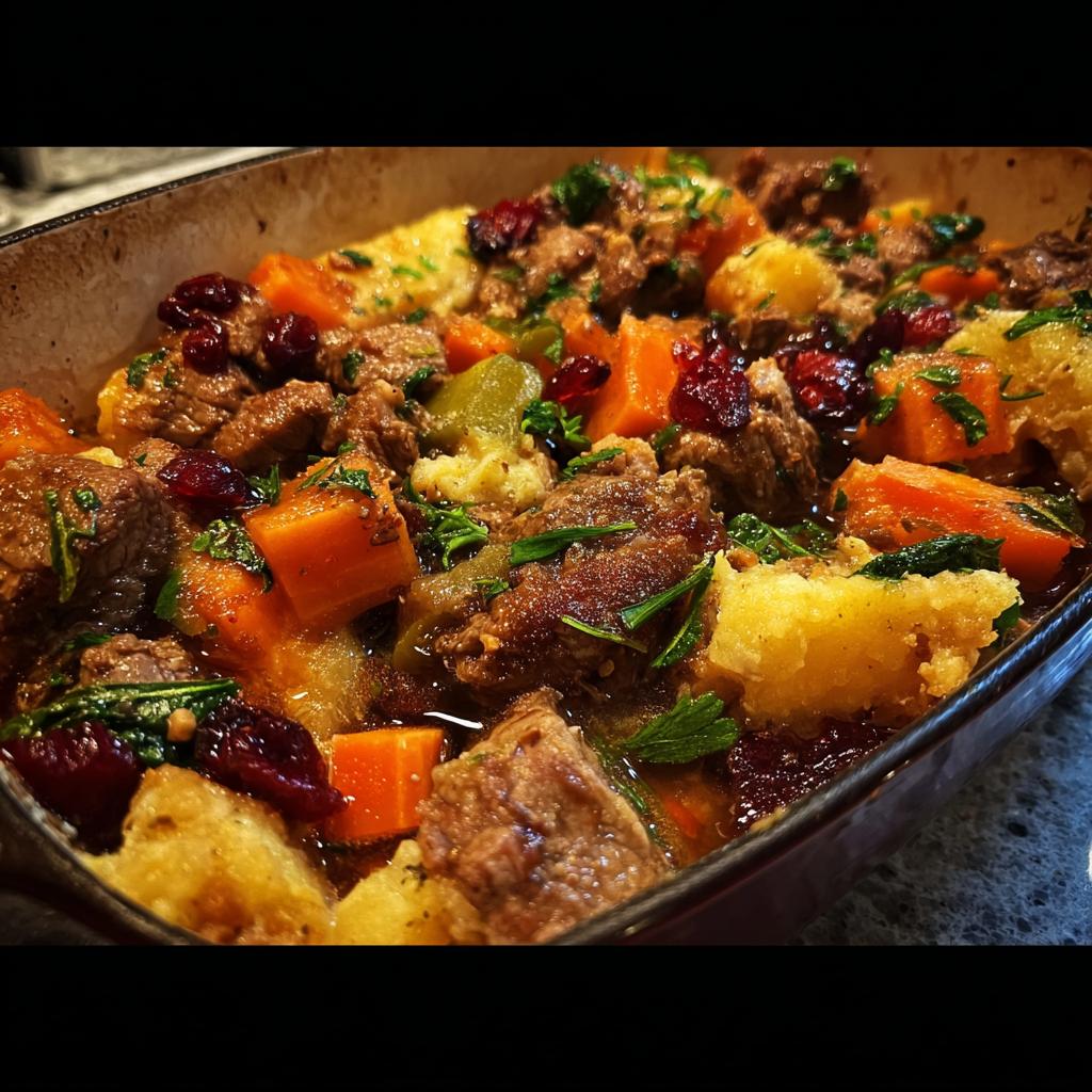 Close-up of a rich beef and stuffing recipe with carrots, cranberries, and herbs in a baking dish.
