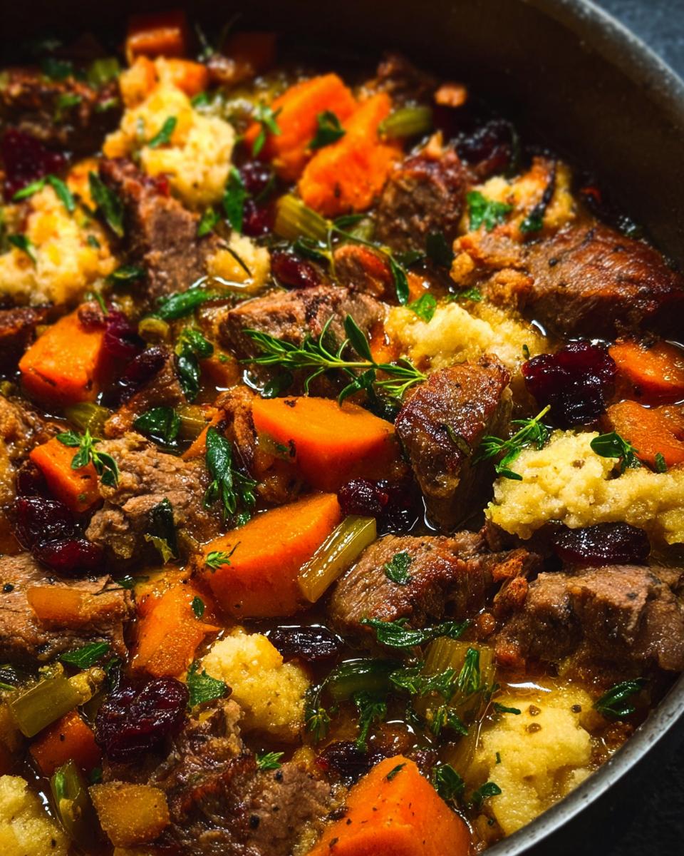 Close-up of a rich beef stew with chunks of meat, carrots, celery, cranberries, and fluffy dumplings, part of stuffing recipes.