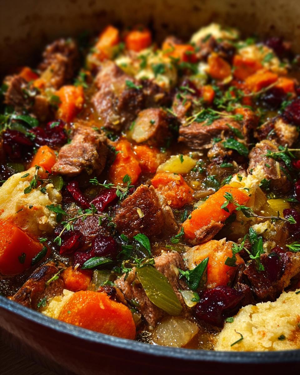 Close-up of a rich beef stew with chunks of meat, carrots, cranberries, and dumplings, garnished with fresh herbs. A quick stuffing recipe.