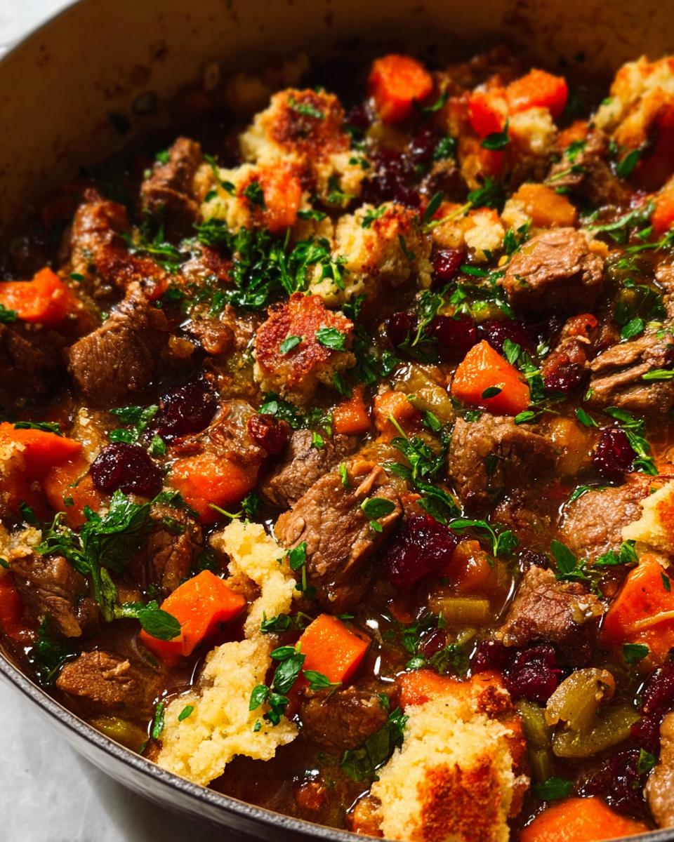 Close-up of a rich beef stew with chunks of meat, carrots, cranberries, and pieces of cornbread stuffing.