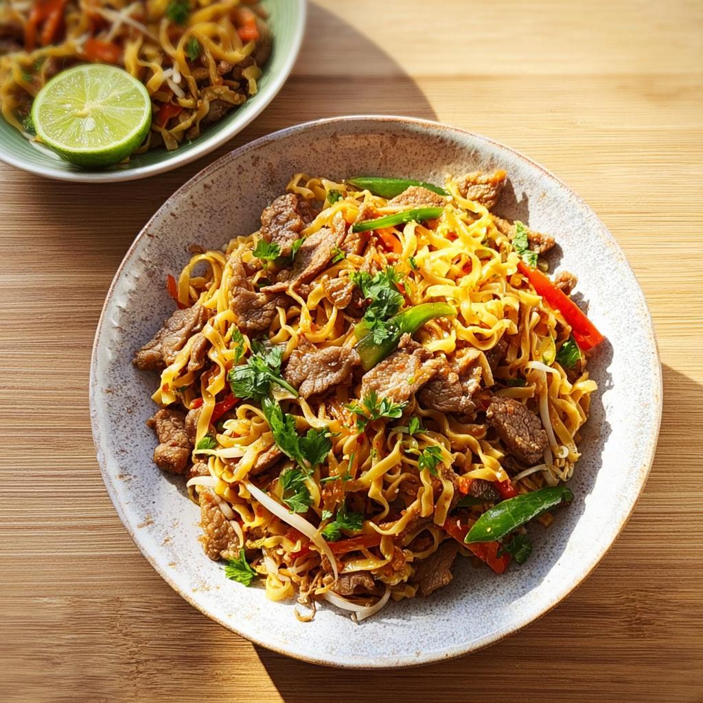 A delicious plate of beef stir fry noodles with fresh vegetables and herbs, part of easy dinner recipes.