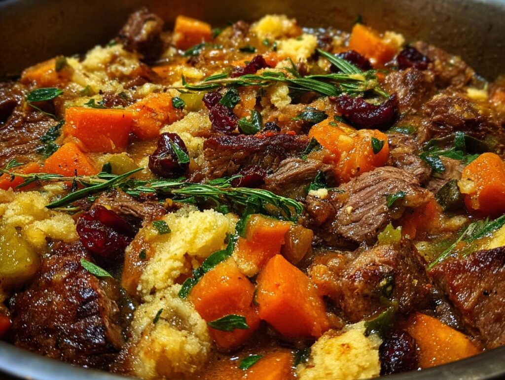 Close-up of a hearty beef and vegetable stuffing recipe with carrots, cranberries, and herbs.