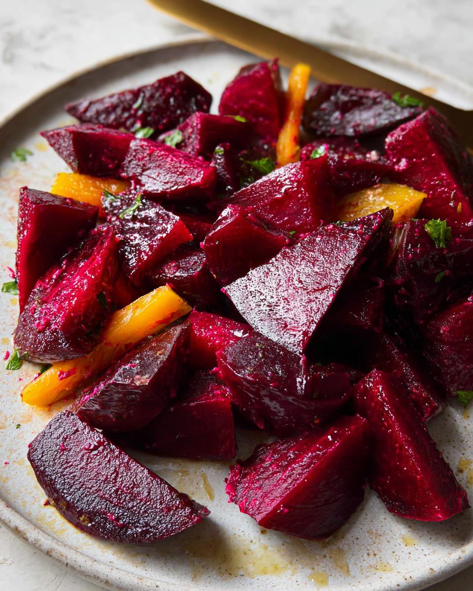 A vibrant beet and orange salad, showcasing roasted beet chunks and orange segments, a perfect veggie side recipe.