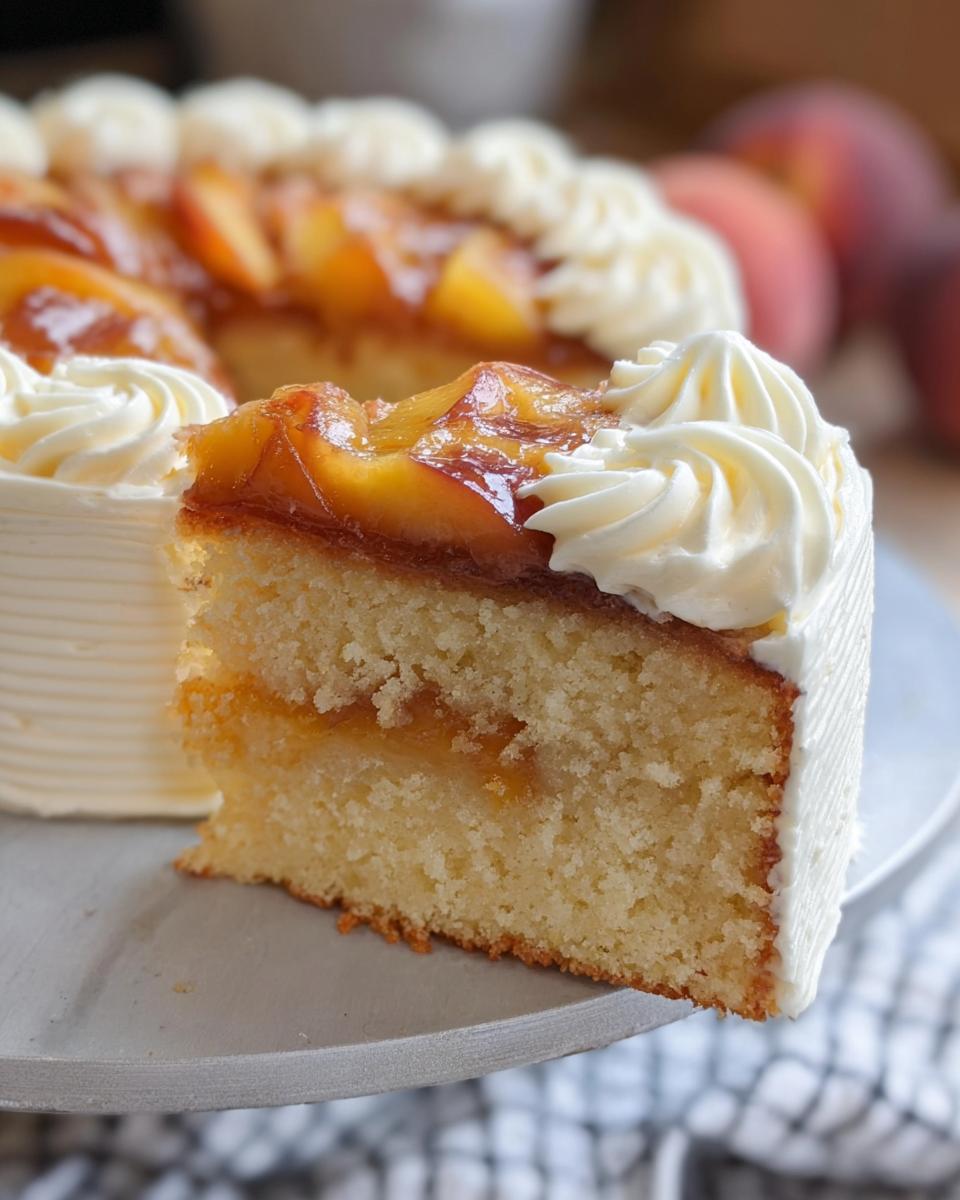 A slice of delicious peach cake with whipped cream frosting, showcasing layers of cake and fruit filling.