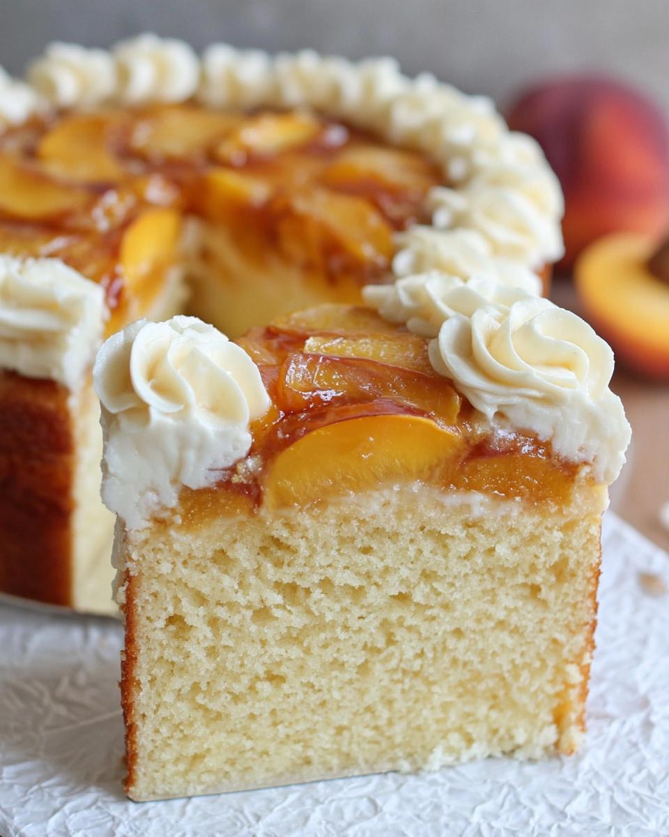 A slice of moist peach cake with whipped cream frosting and glazed peach slices, part of The Ultimate Cake Ideas Recipes Guide for Beginners.