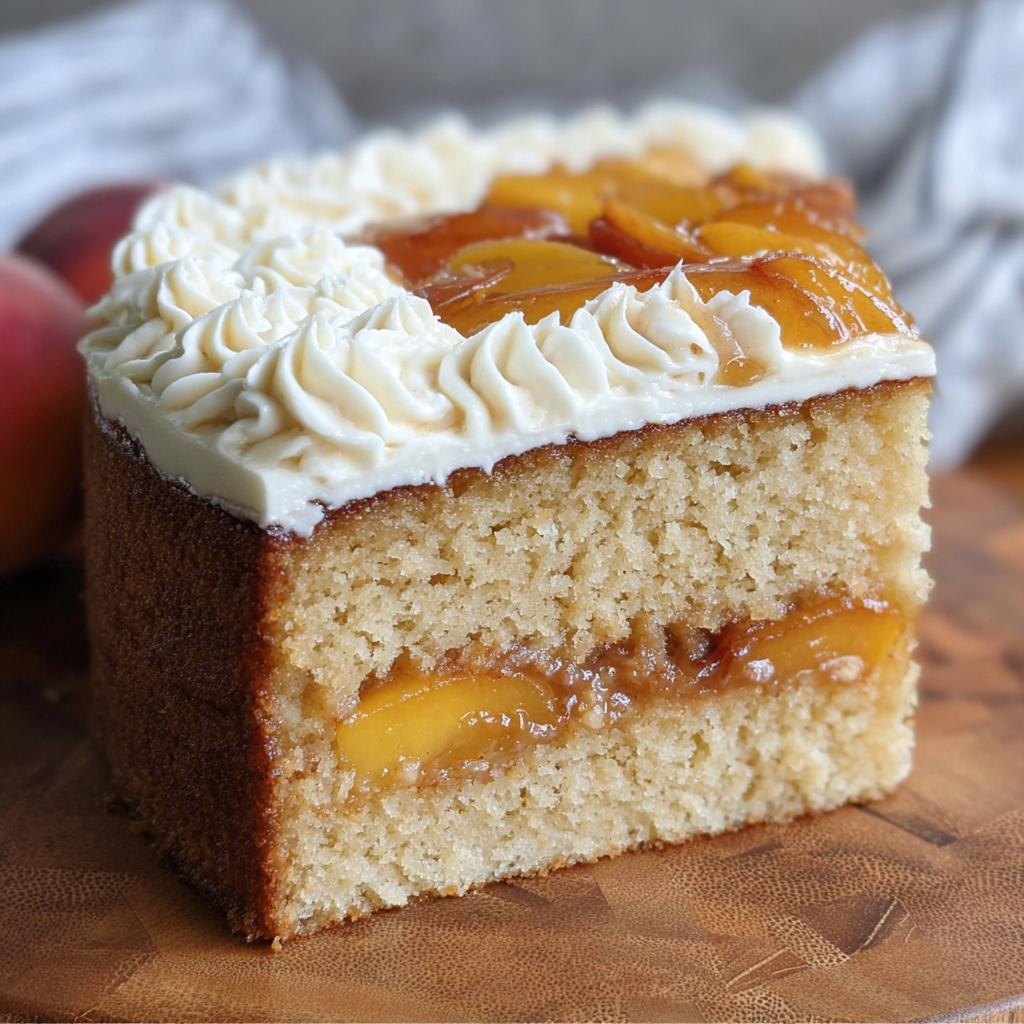 A slice of beginner peach cake with layers of cake, peach filling, and buttercream frosting, topped with peaches.