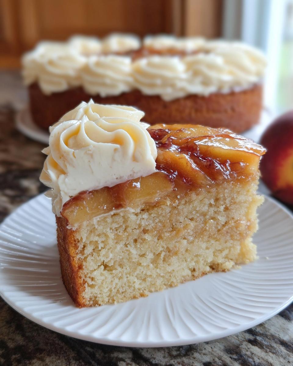 A slice of delicious peach cake with frosting, part of The Ultimate Cake Ideas Recipes for Beginners.