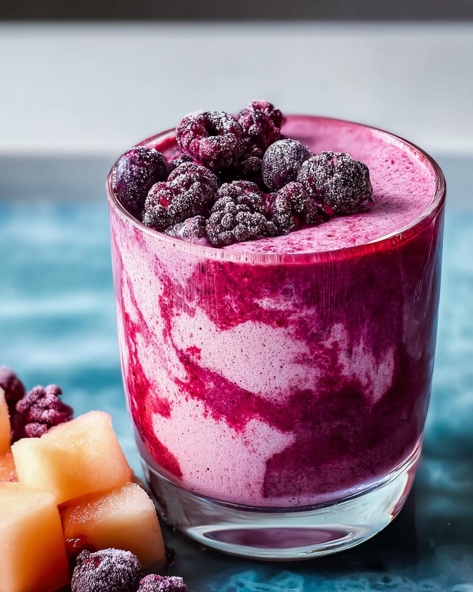 A vibrant berry smoothie in a glass, topped with frozen berries, perfect for breakfast ideas.