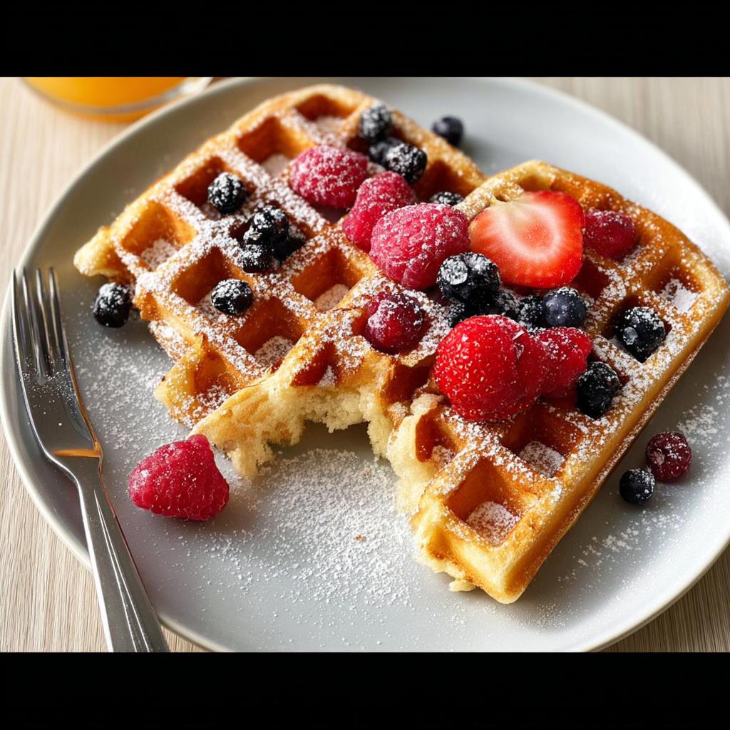Two golden waffles topped with fresh raspberries, blueberries, and a strawberry slice, dusted with powdered sugar. A perfect breakfast idea.