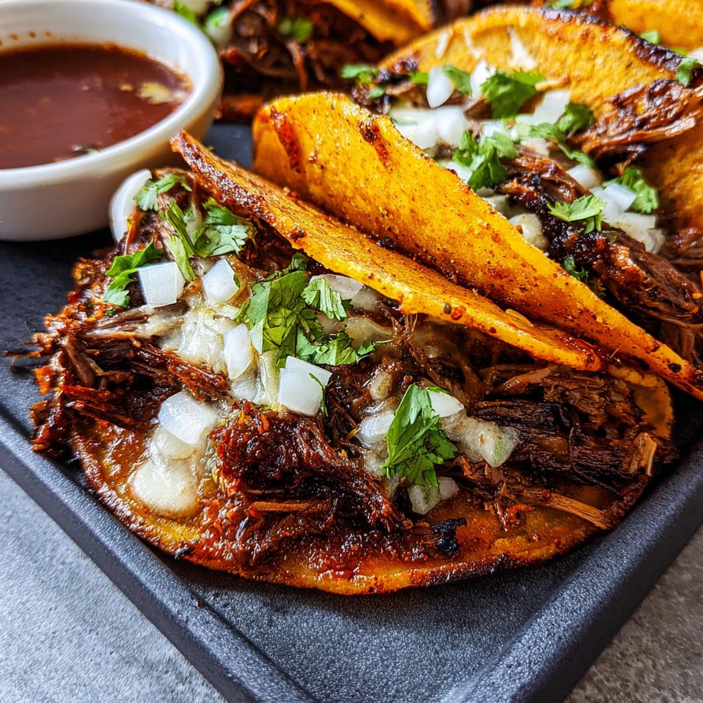 Close-up of authentic Birria Tacos filled with shredded beef, topped with onions and cilantro, served with consommé.