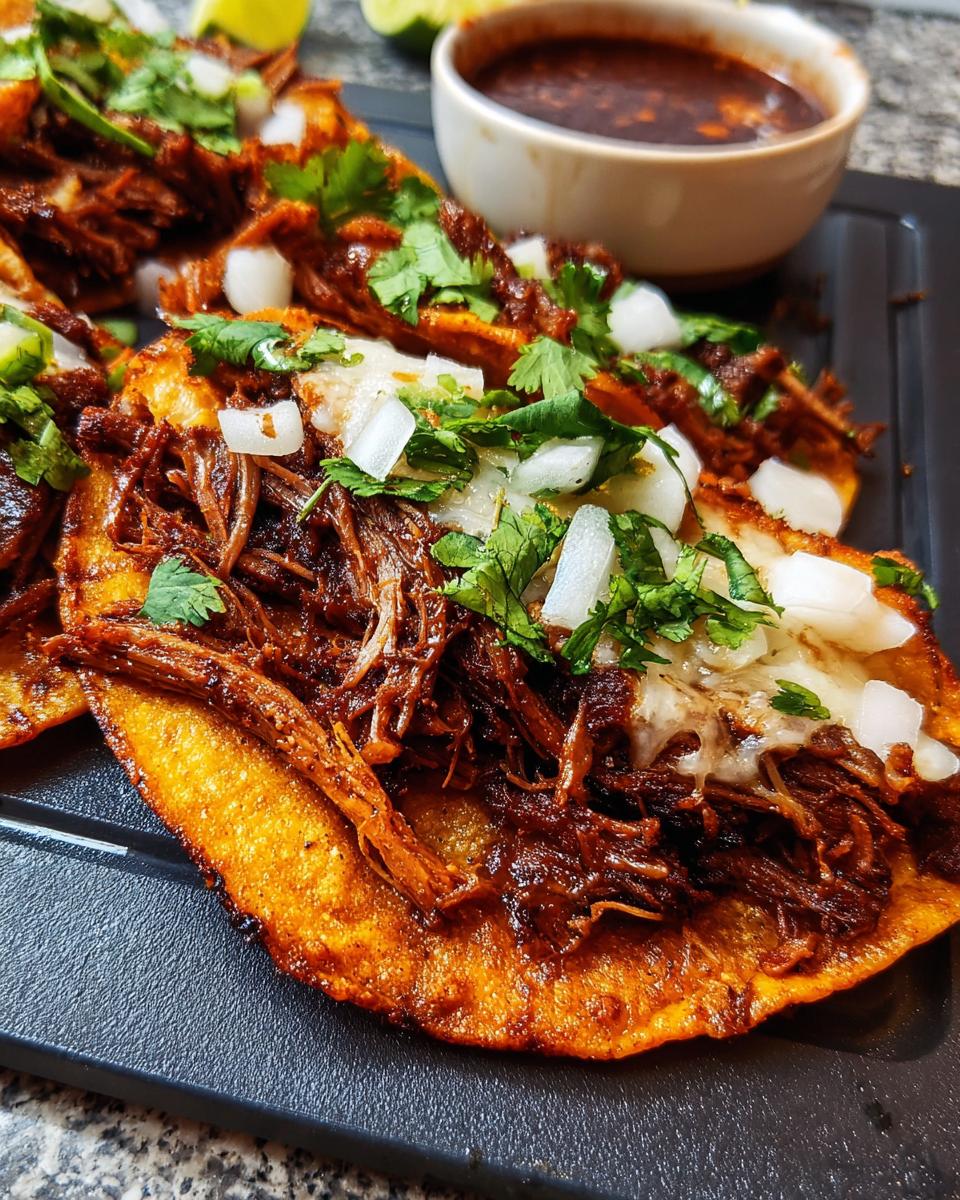 Close-up of delicious Birria tacos topped with cilantro and onions, served with consommé for Taco Tuesday.