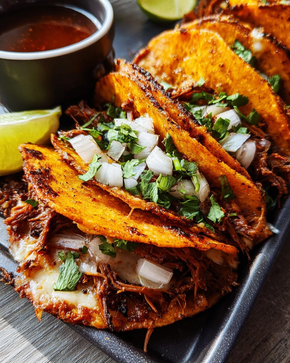 Close-up of delicious Birria Tacos filled with shredded meat and cheese, topped with onions and cilantro, served with lime and consommé.