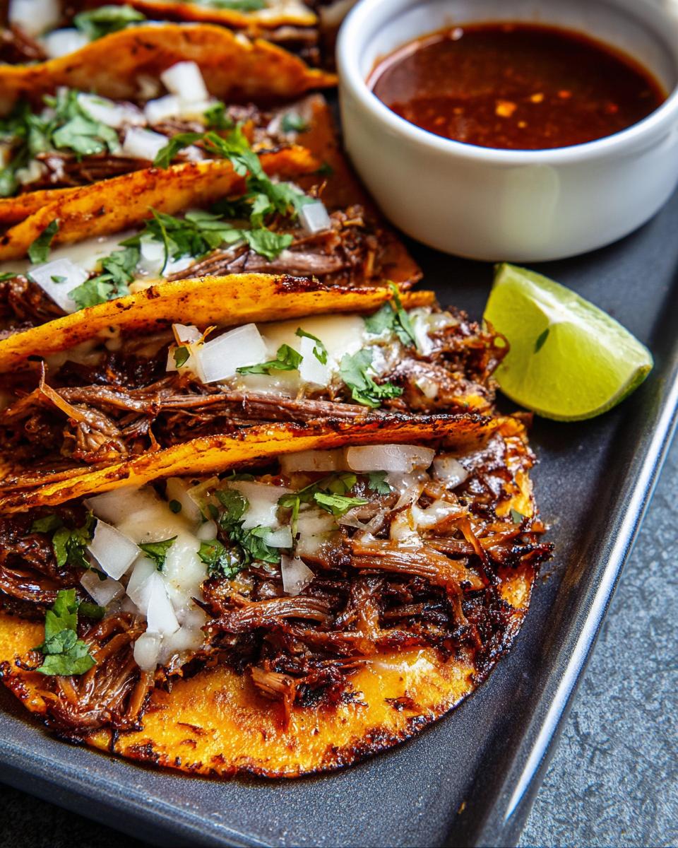Close-up of authentic Birria tacos filled with shredded beef, cheese, onions, and cilantro, served with consommé and lime.