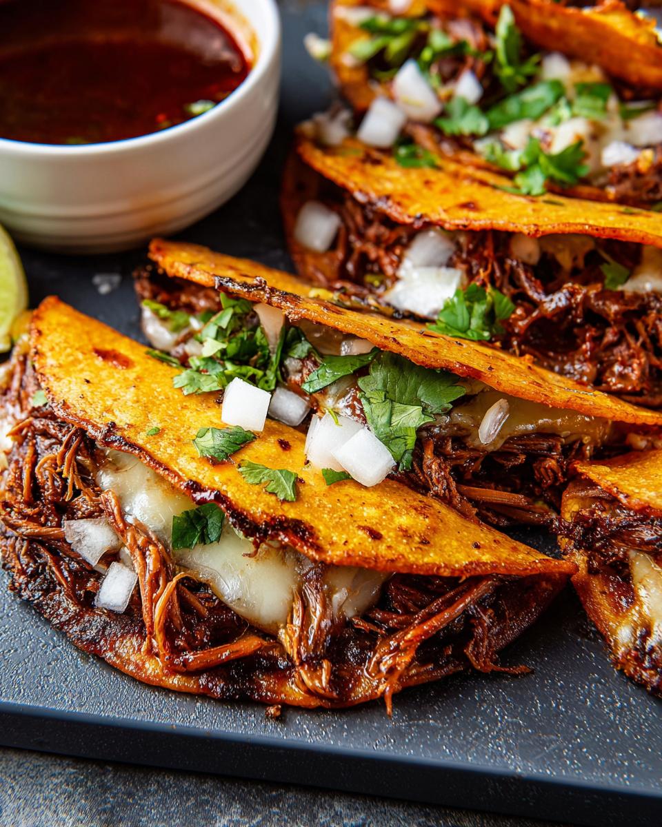 Close-up of mouthwatering Birria Tacos filled with shredded beef and melted cheese, ready for Taco Tuesday.