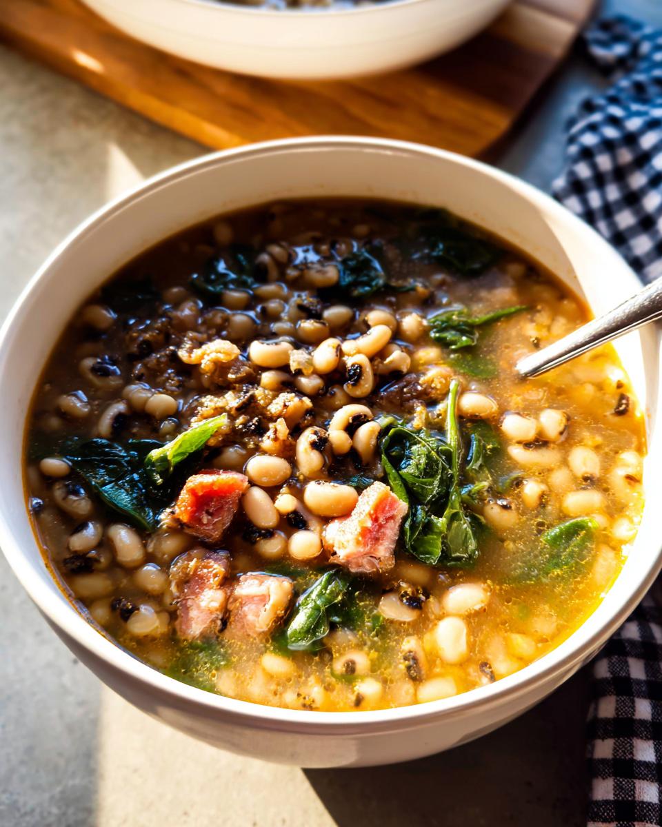 A close-up bowl of black-eyed pea soup with spinach and ham, part of The Ultimate Soup Recipes Guide for Beginners.