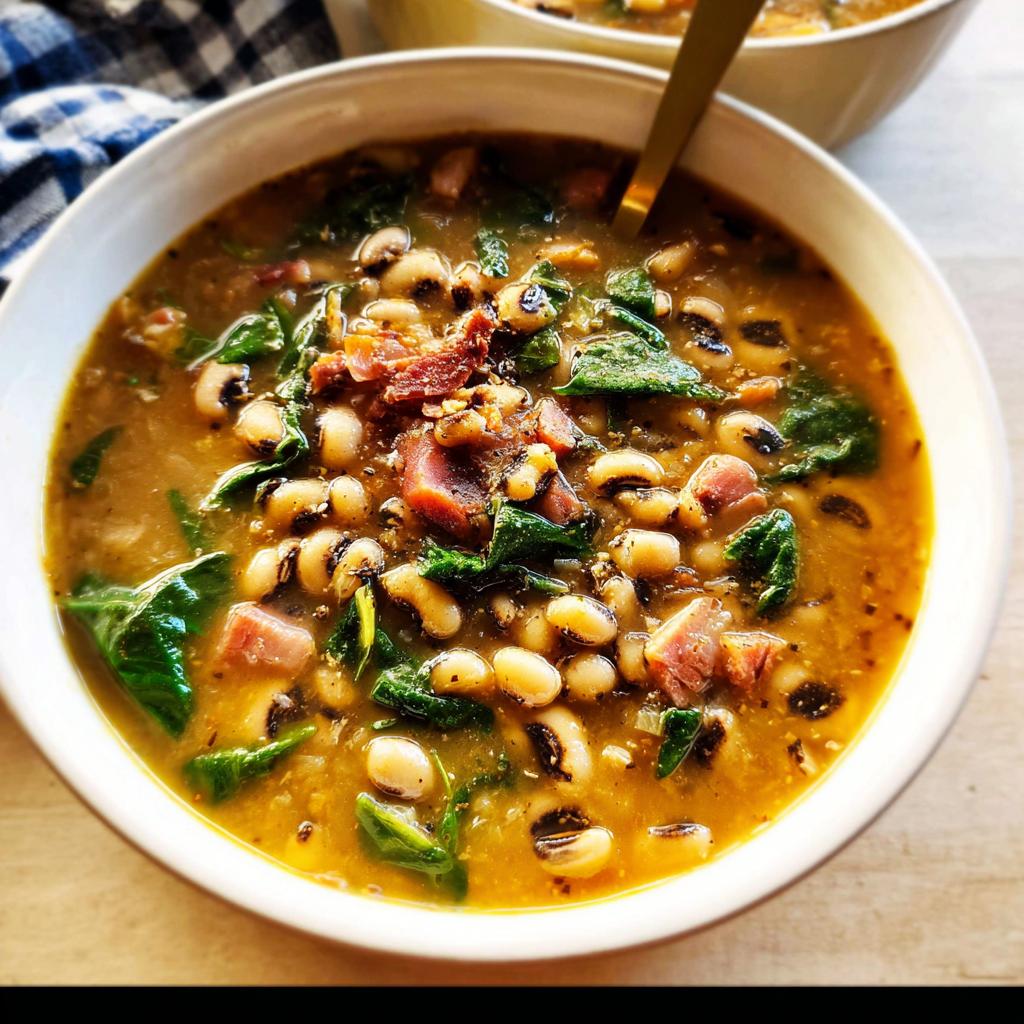 A close-up of a bowl of hearty black eyed pea soup with spinach and ham, perfect for beginner soup recipes.