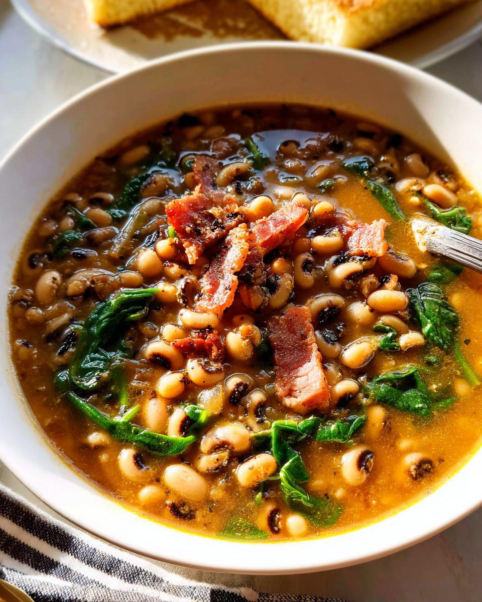 Close-up of a bowl of black eyed peas soup with spinach and crispy bacon, part of The Ultimate Soup Recipes Guide for Beginners.