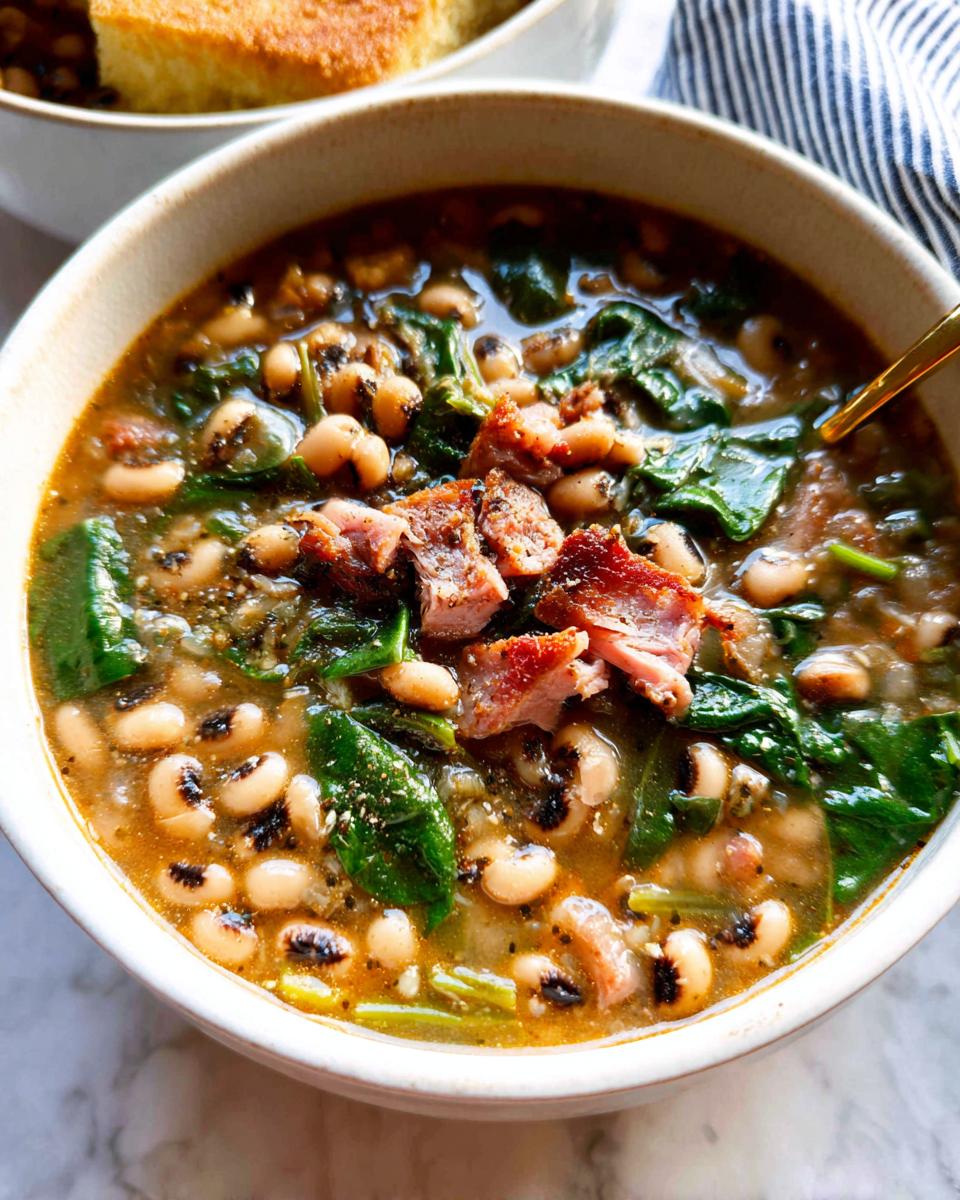 A hearty bowl of black eyed peas soup with ham and spinach, part of The Ultimate Soup Recipes Guide for Beginners.