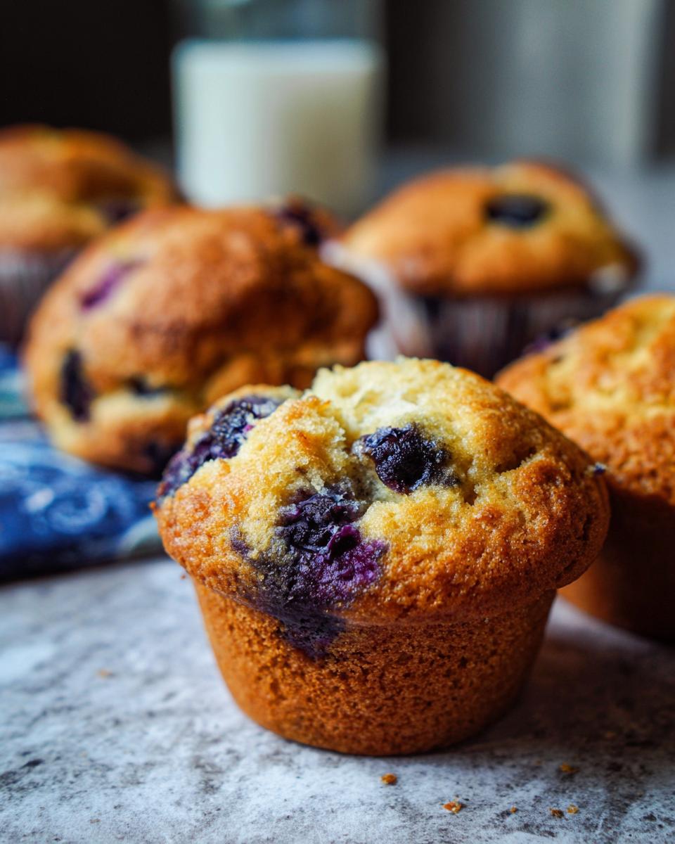 Close-up of a freshly baked blueberry muffin, showcasing plump blueberries and a golden-brown top. Part of our Cake Ideas Recipes Meal Prep.