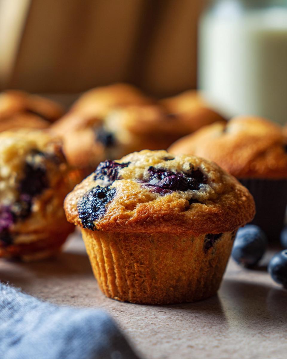 Close-up of a freshly baked blueberry muffin, part of a batch of cake ideas recipes for meal prep.