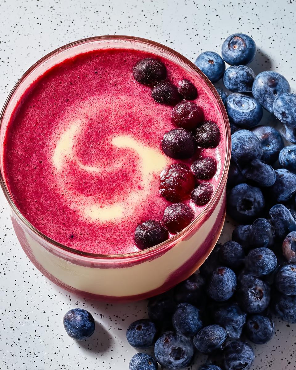 A vibrant blueberry smoothie in a glass, topped with fresh blueberries and a swirl of cream. A perfect example of delicious breakfast ideas.